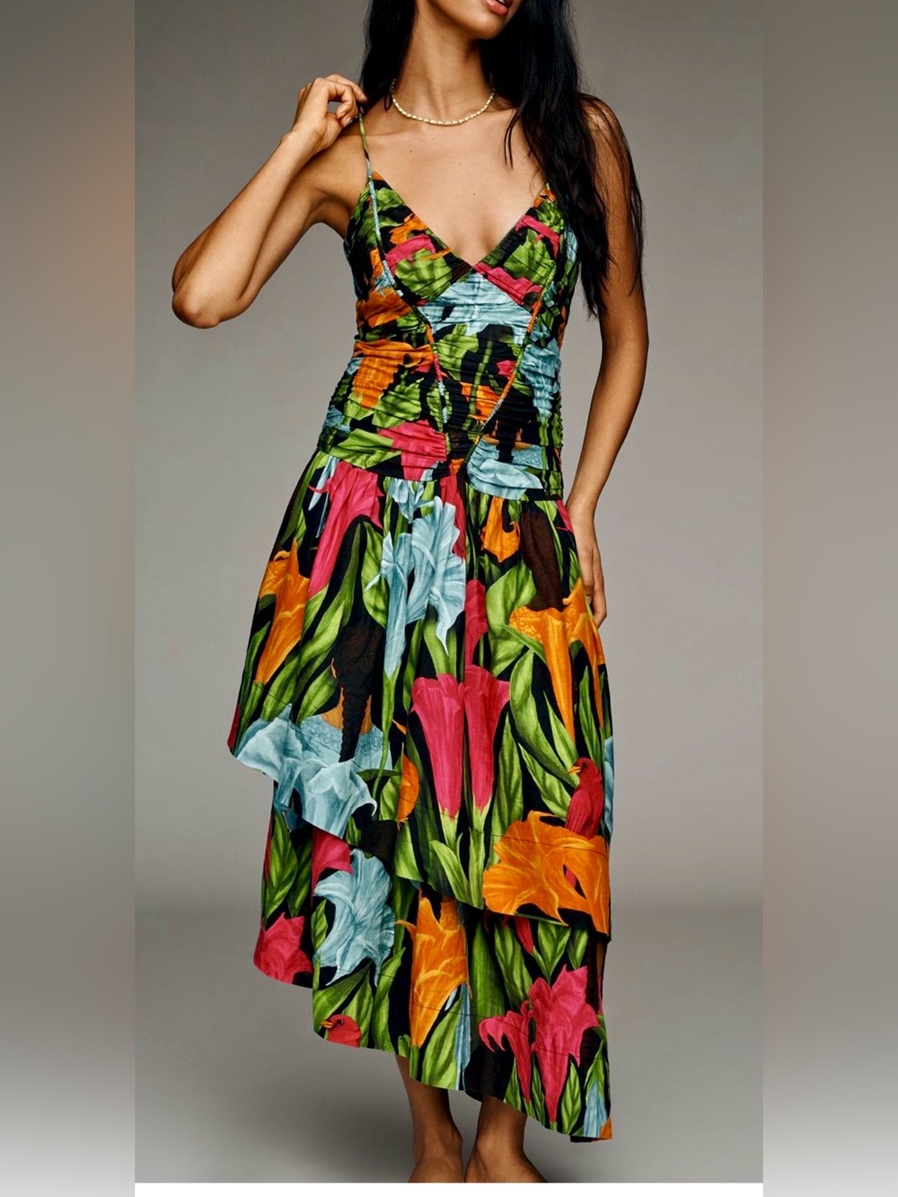 Farm Rio V-Neck A-Line Linen Midi Dress
